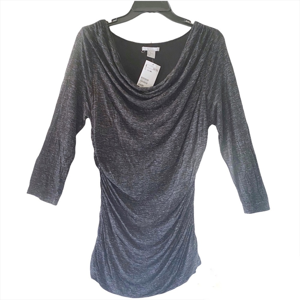 NWT H&M Womens Marled Grayish Black Silver 3/4 Sleeve Ruched Tunic Top Shirt M